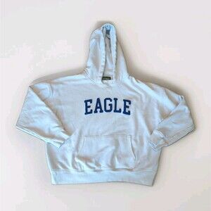 American Eagle Hoodie Sweatshirt Mens Small Blue Cream Spell Out Logo VTG Y2K